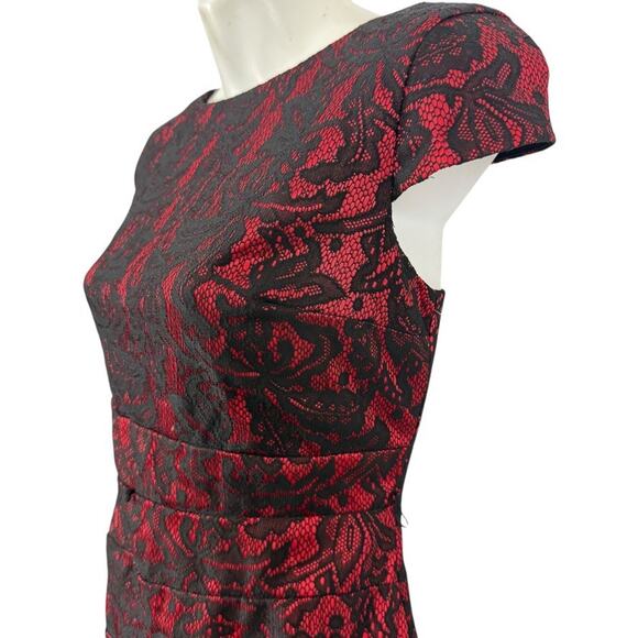 Alyx Petite Red Black Lace Cocktail Party Knee Length Sheath Cap Sleeve Dress 6 - Picture 10 of 16